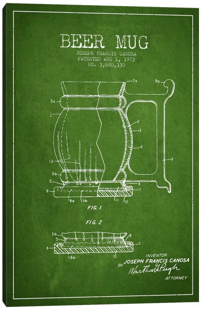 Beer Mug Green Patent Blueprint Canvas Art Print - Bar Art