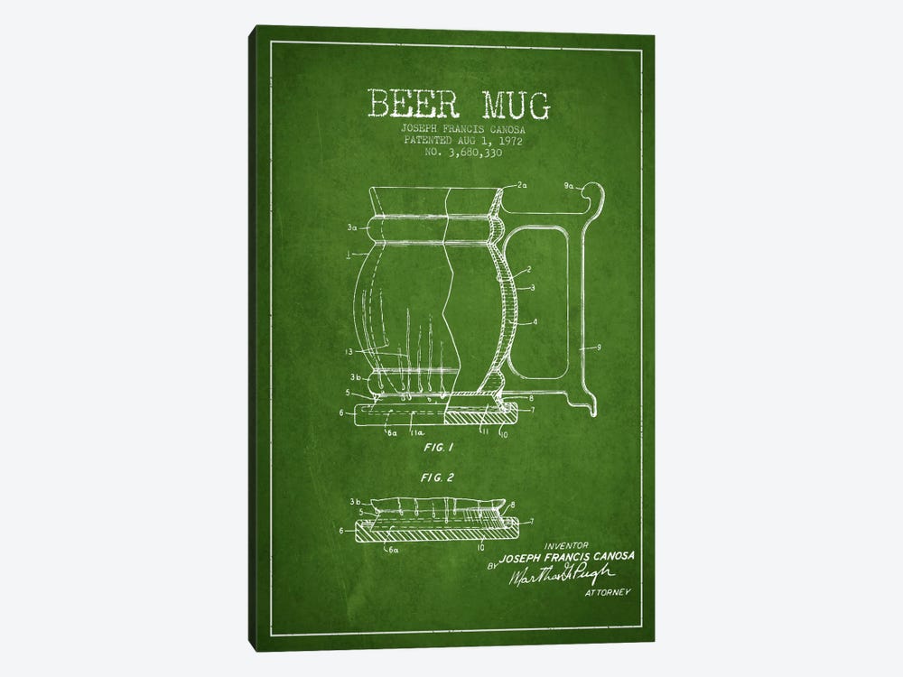 Beer Mug Green Patent Blueprint by Aged Pixel 1-piece Canvas Art Print