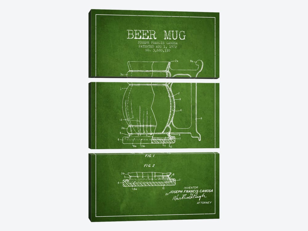 Beer Mug Green Patent Blueprint by Aged Pixel 3-piece Canvas Art Print