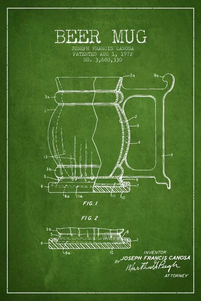 Food & Drink Blueprints: Beer Mug Green III Patent Blueprint by Aged Pixel