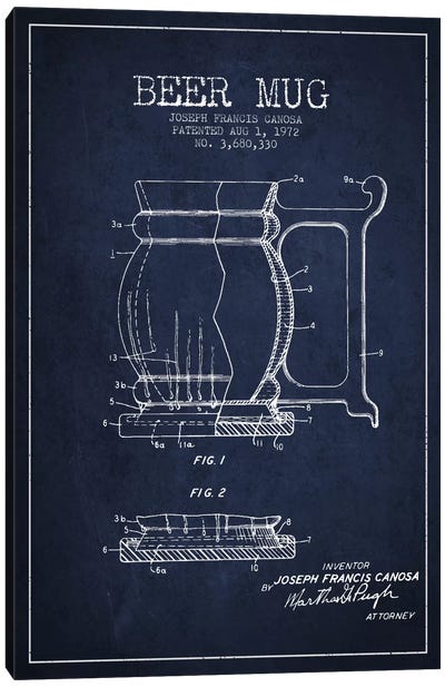 Beer Mug Navy Blue Patent Blueprint Canvas Art Print - Drink & Beverage Art