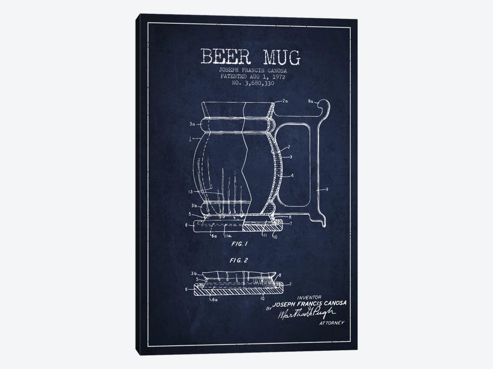 Beer Mug Navy Blue Patent Blueprint by Aged Pixel 1-piece Canvas Art