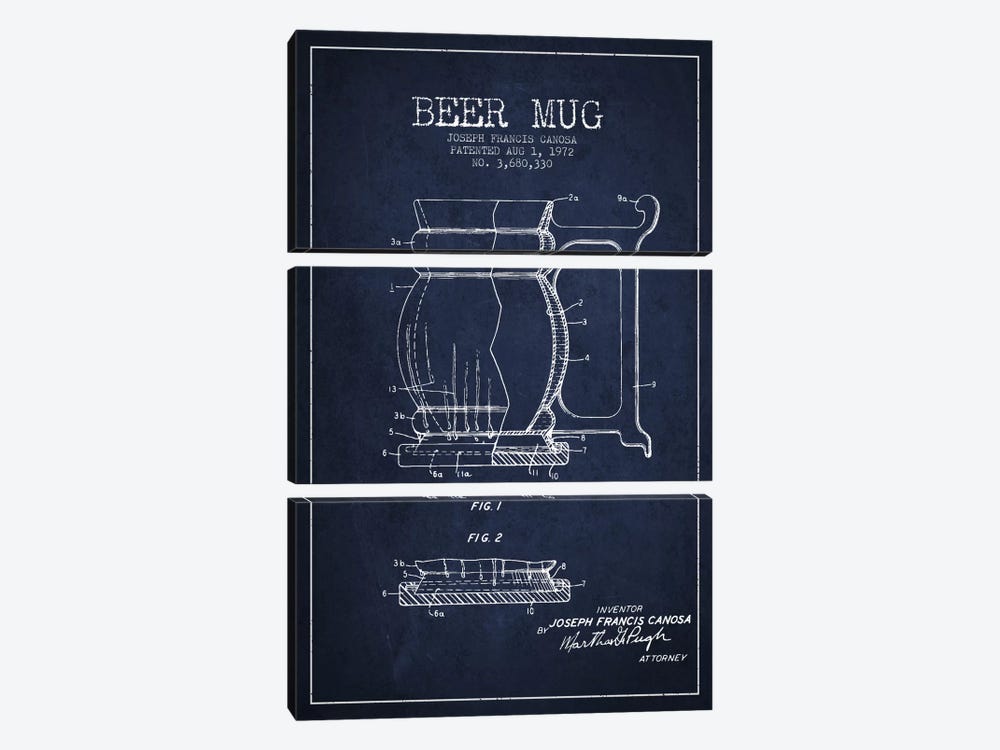 Beer Mug Navy Blue Patent Blueprint by Aged Pixel 3-piece Canvas Art
