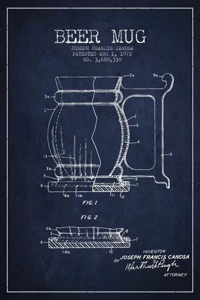 Food & Drink Blueprints: Beer Mug Navy Blue III Patent Blueprint by Aged Pixel
