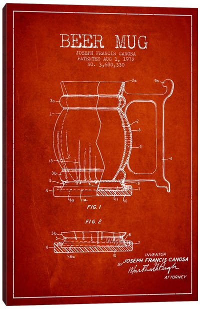 Beer Mug Red Patent Blueprint Canvas Art Print - Food & Drink Blueprints