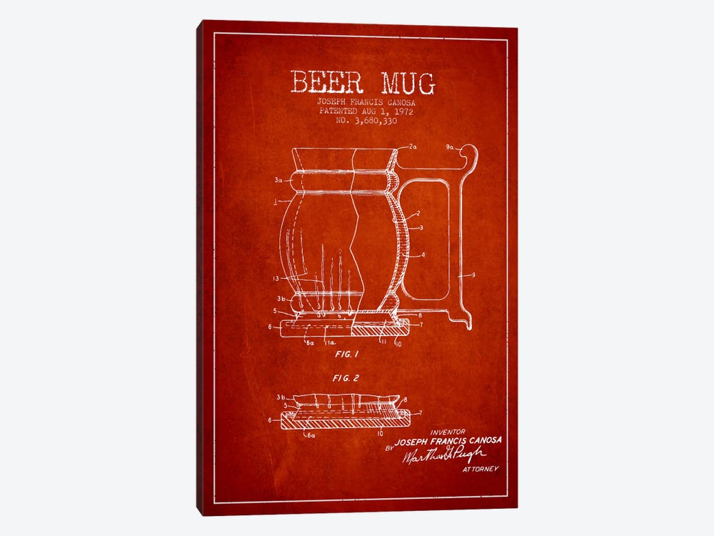 Beer Mug Red Patent Blueprint by Aged Pixel 1-piece Canvas Art Print