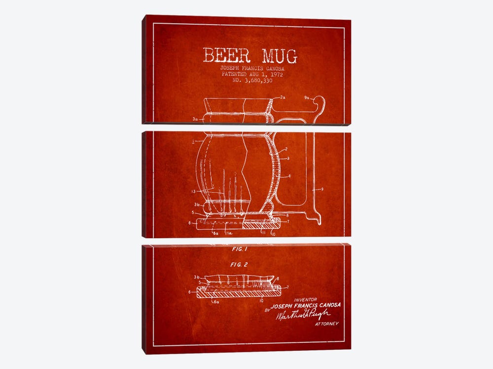 Beer Mug Red Patent Blueprint by Aged Pixel 3-piece Art Print