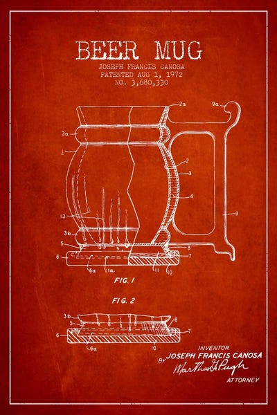 Food & Drink Blueprints: Beer Mug Red III Patent Blueprint by Aged Pixel