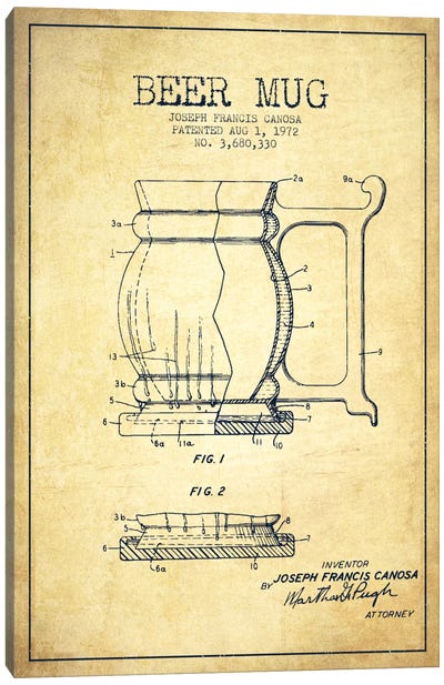 Beer Mug Vintage Patent Blueprint Canvas Art Print - Aged Pixel: Drink & Beer