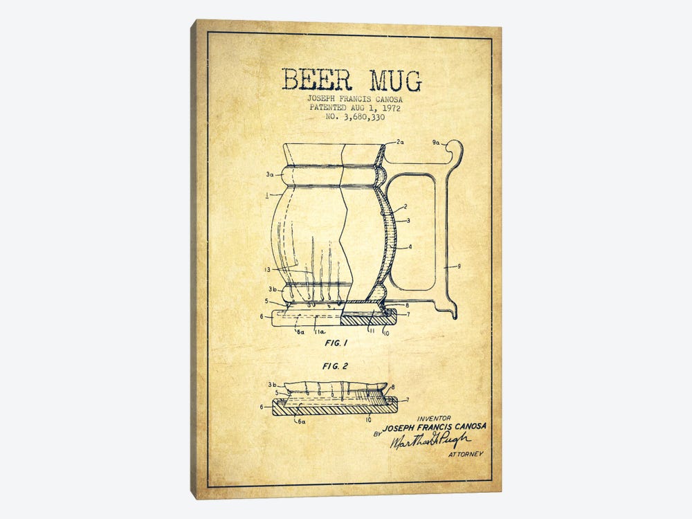 Beer Mug Vintage Patent Blueprint by Aged Pixel 1-piece Canvas Art