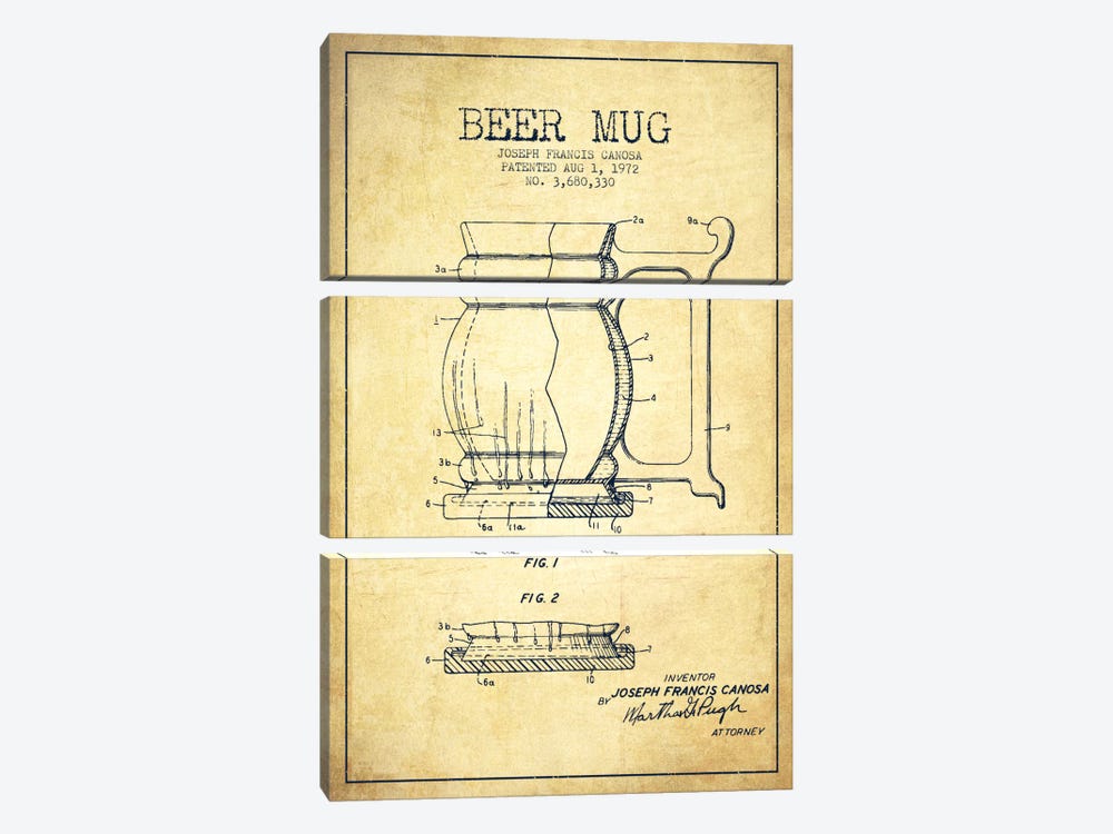 Beer Mug Vintage Patent Blueprint by Aged Pixel 3-piece Canvas Artwork