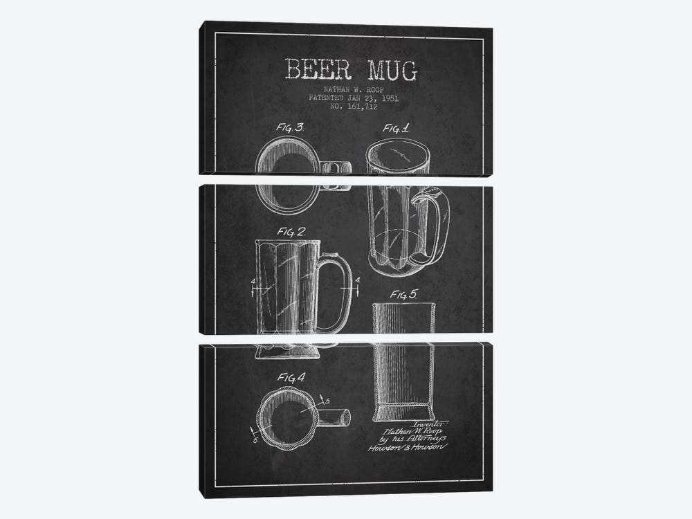 Beer Mug Charcoal Patent Blueprint by Aged Pixel 3-piece Canvas Print