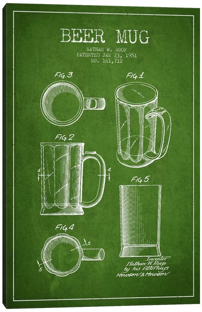 Beer Mug Green Patent Blueprint Canvas Art Print - Bar Art