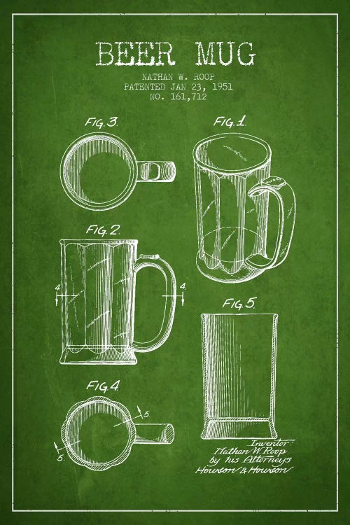 Beer Mug Green IV Patent Blueprint by Aged Pixel wall art