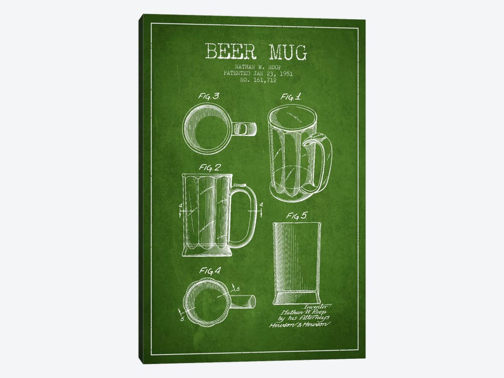 Beer Mug Green Patent Blueprint by Aged Pixel 1-piece Canvas Artwork