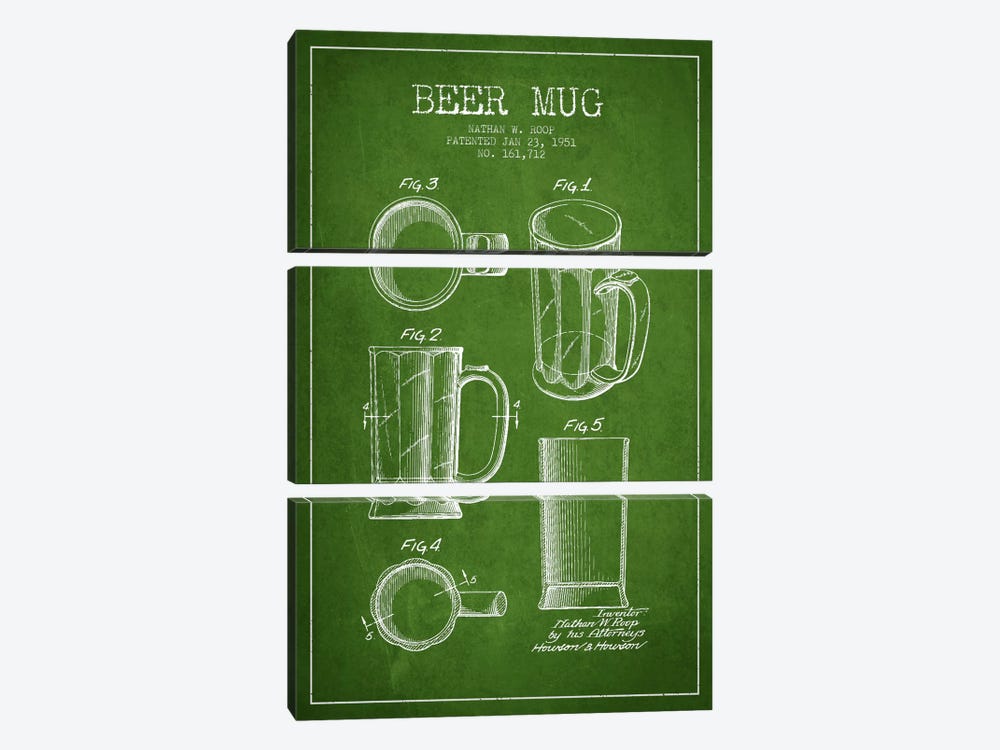 Beer Mug Green Patent Blueprint by Aged Pixel 3-piece Canvas Art