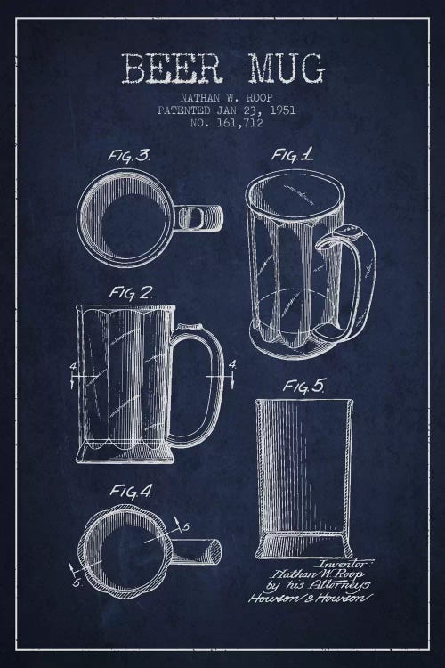 Beer Mug Navy Blue IV Patent Blueprint by Aged Pixel wall art