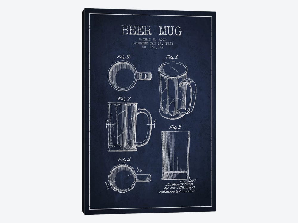 Beer Mug Navy Blue Patent Blueprint by Aged Pixel 1-piece Canvas Art Print