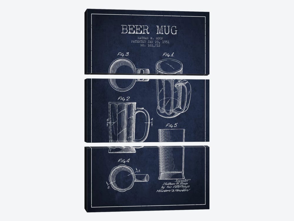 Beer Mug Navy Blue Patent Blueprint by Aged Pixel 3-piece Art Print