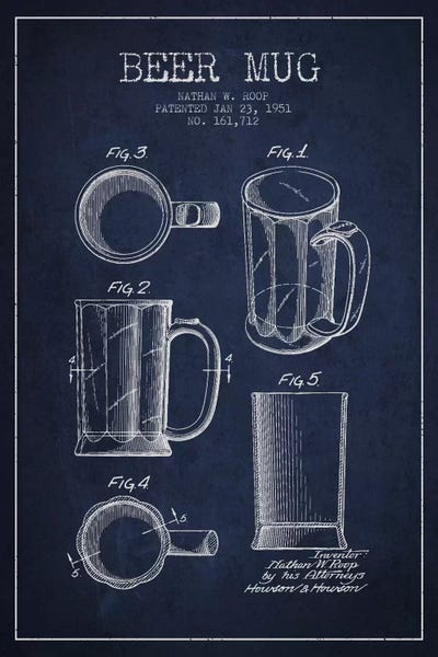 Food & Drink Blueprints: Beer Mug Navy Blue IV Patent Blueprint by Aged Pixel