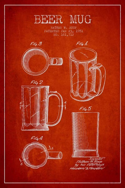 Beer Mug Red IV Patent Blueprint by Aged Pixel metal wall art