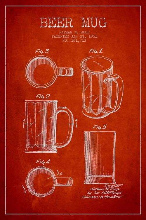 Beer Mug Red IV Patent Blueprint by Aged Pixel wall art