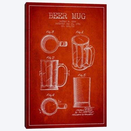Beer Mug Red Patent Blueprint Canvas Print #ADP717} by Aged Pixel Canvas Artwork