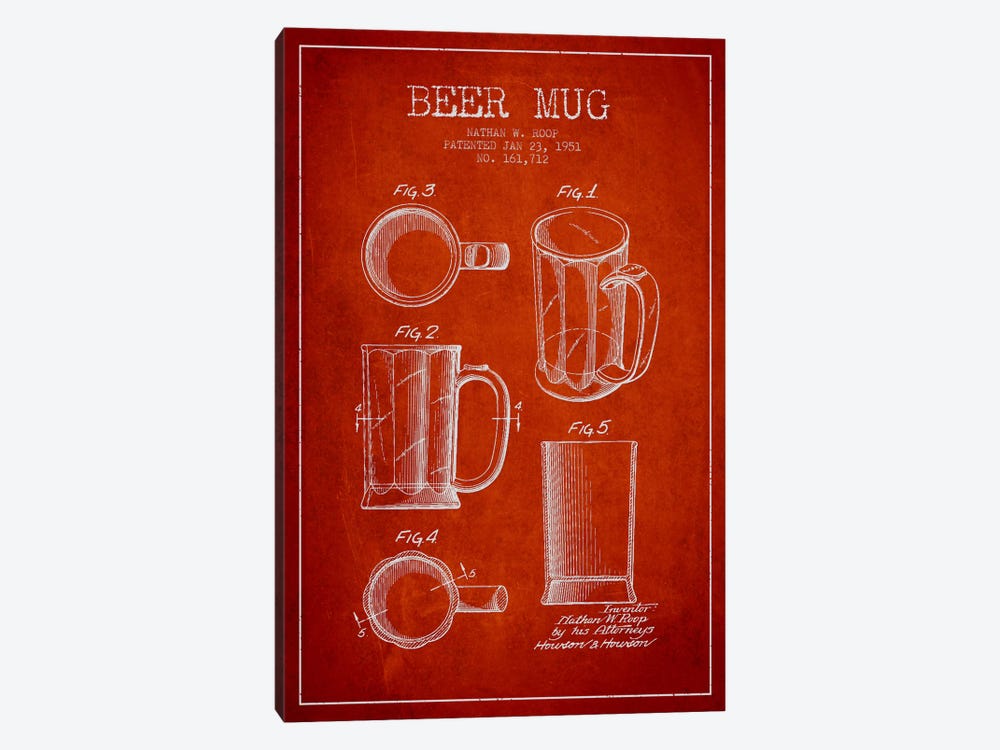 Beer Mug Red Patent Blueprint by Aged Pixel 1-piece Canvas Wall Art