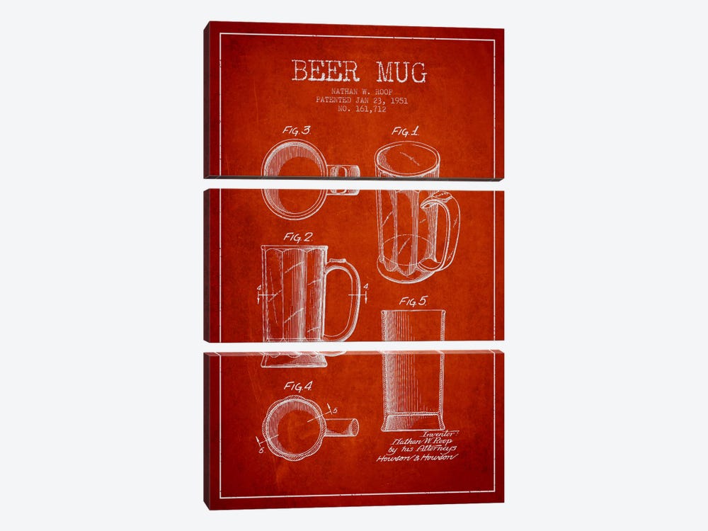 Beer Mug Red Patent Blueprint by Aged Pixel 3-piece Canvas Wall Art