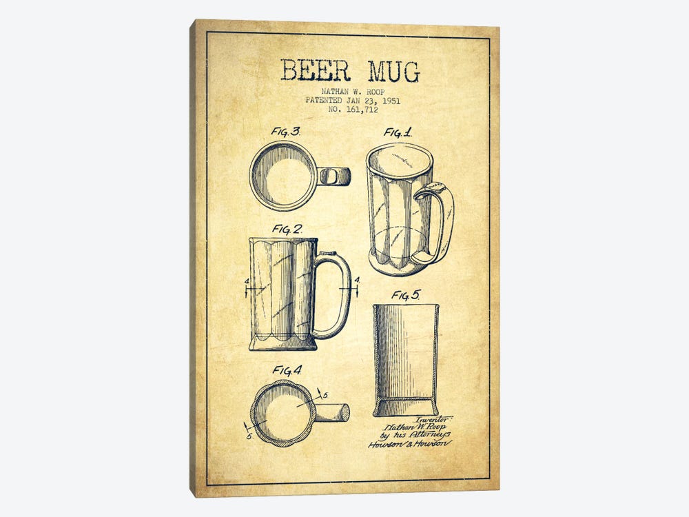 Beer Mug Vintage Patent Blueprint 1-piece Canvas Print