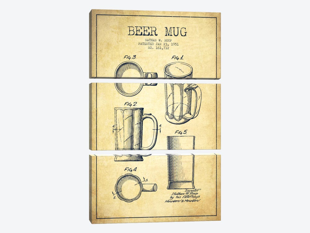 Beer Mug Vintage Patent Blueprint by Aged Pixel 3-piece Canvas Print