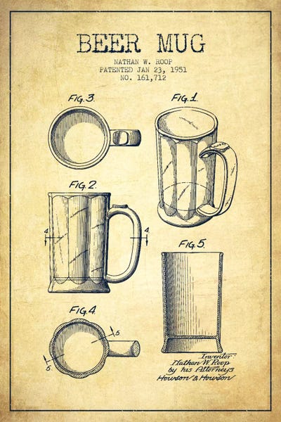 Aged Pixel: Beer Mug Vintage IV Patent Blueprint by Aged Pixel
