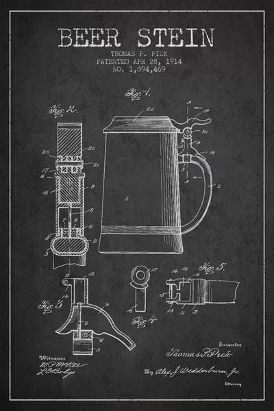 Aged Pixel: Beer Stein Charcoal Patent Blueprint by Aged Pixel