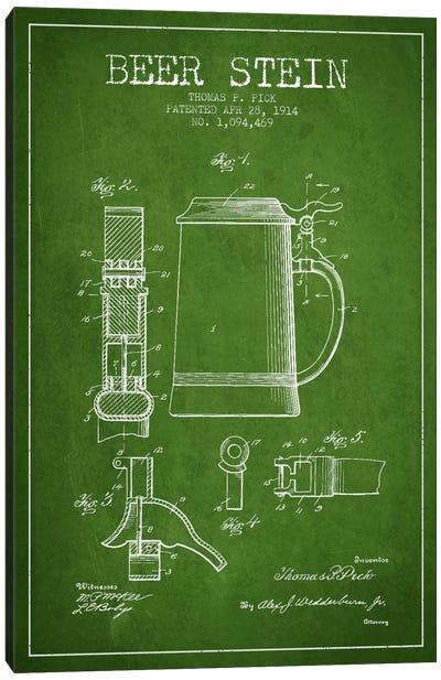 Beer Stein Green Patent Blueprint Canvas Art Print - Beer Art