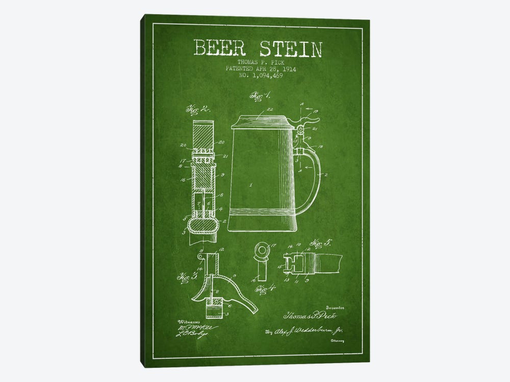 Beer Stein Green Patent Blueprint by Aged Pixel 1-piece Canvas Artwork