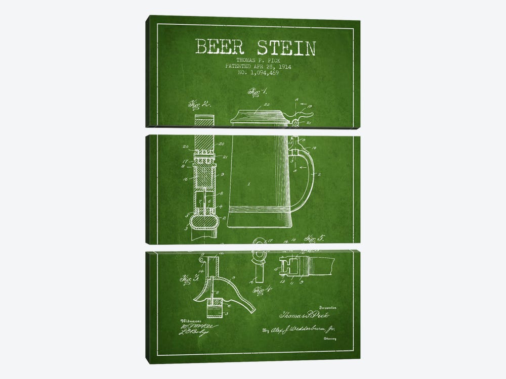 Beer Stein Green Patent Blueprint by Aged Pixel 3-piece Canvas Artwork