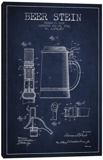 Beer Stein Navy Blue Patent Blueprint Canvas Art Print - Aged Pixel: Drink & Beer