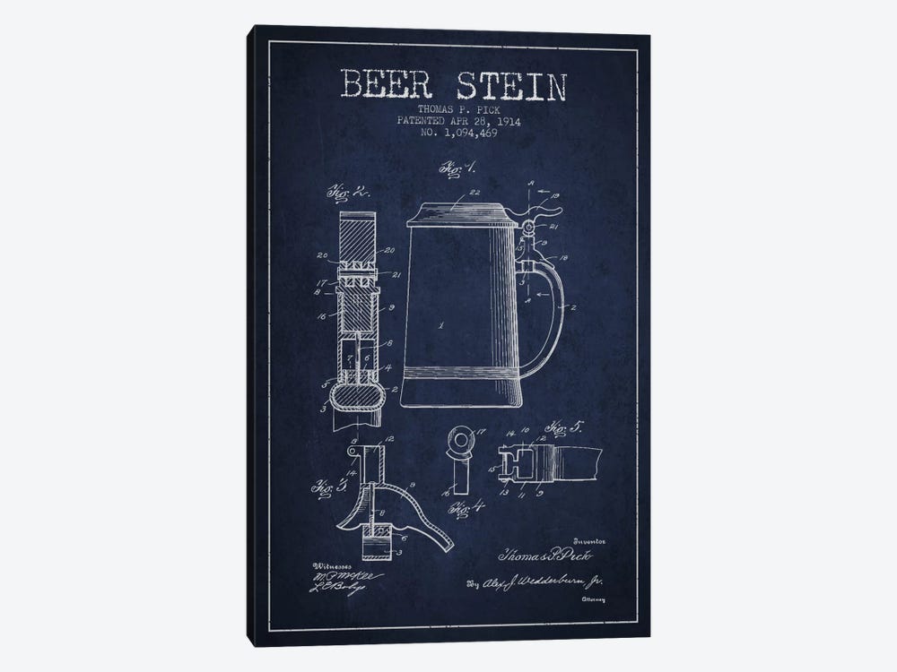 Beer Stein Navy Blue Patent Blueprint by Aged Pixel 1-piece Canvas Print