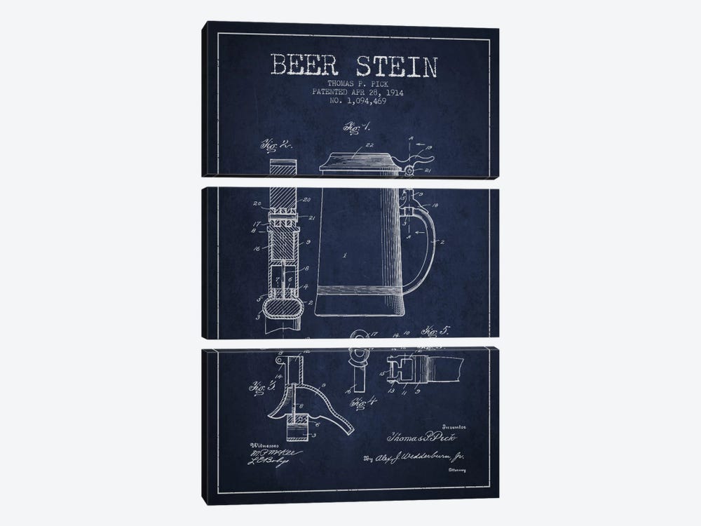 Beer Stein Navy Blue Patent Blueprint by Aged Pixel 3-piece Canvas Print