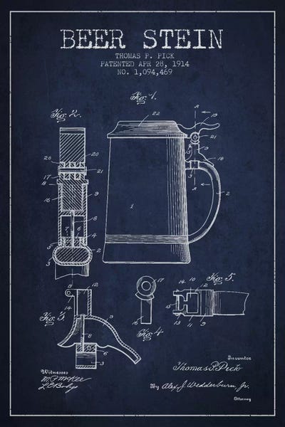 Food & Drink Blueprints: Beer Stein Navy Blue Patent Blueprint by Aged Pixel