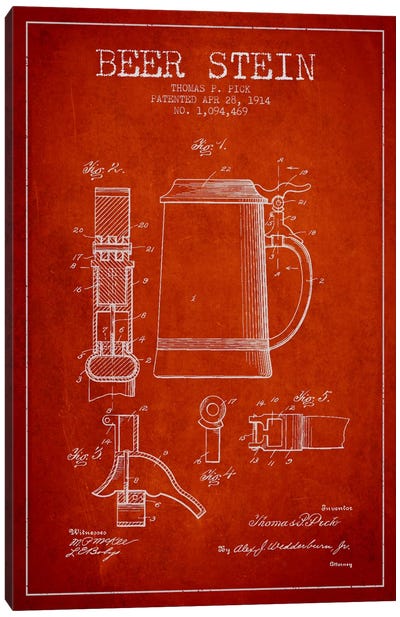 Beer Stein Red Patent Blueprint Canvas Art Print - Drink & Beverage Art