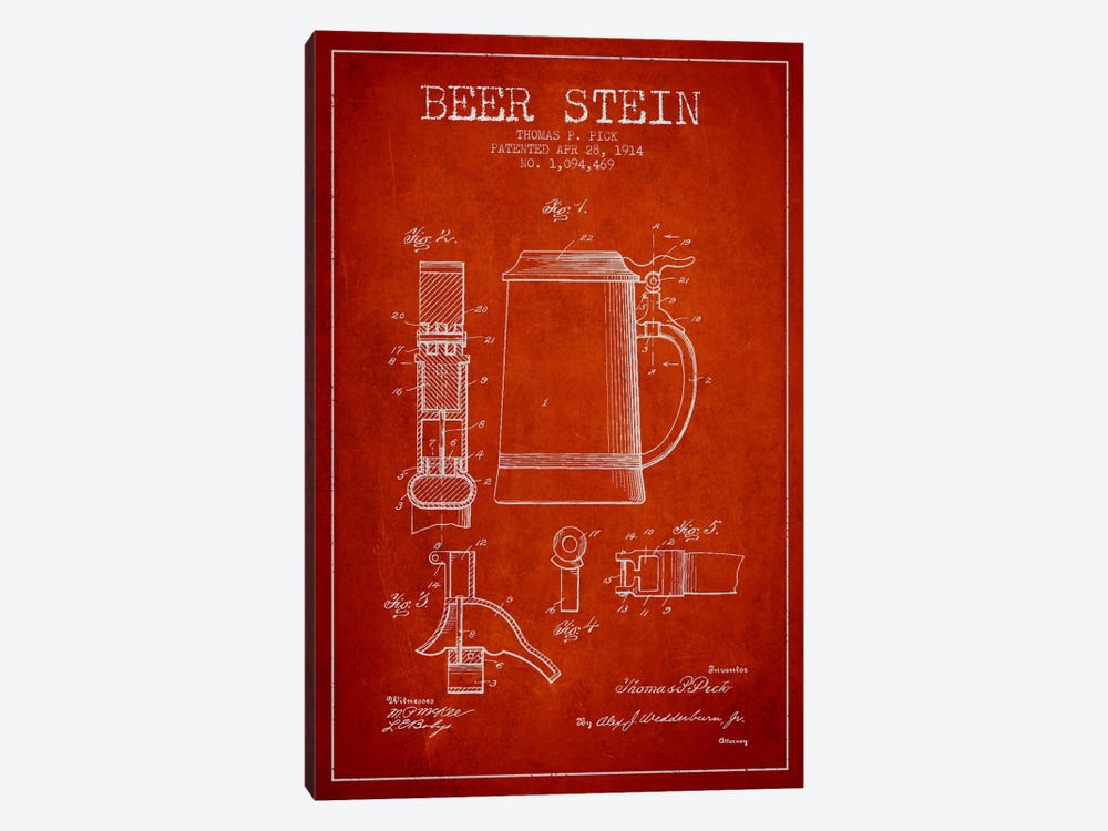 Beer Stein Red Patent Blueprint by Aged Pixel 1-piece Canvas Wall Art