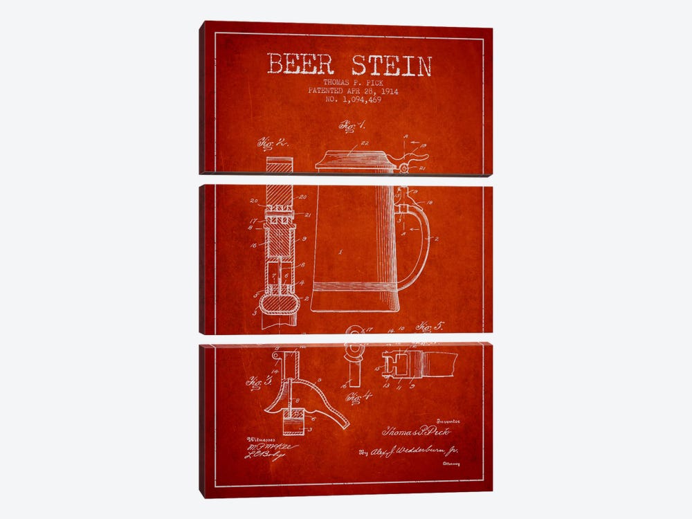 Beer Stein Red Patent Blueprint by Aged Pixel 3-piece Canvas Wall Art