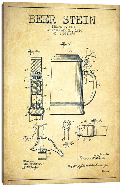 Beer Stein Vintage Patent Blueprint Canvas Art Print - Aged Pixel: Drink & Beer