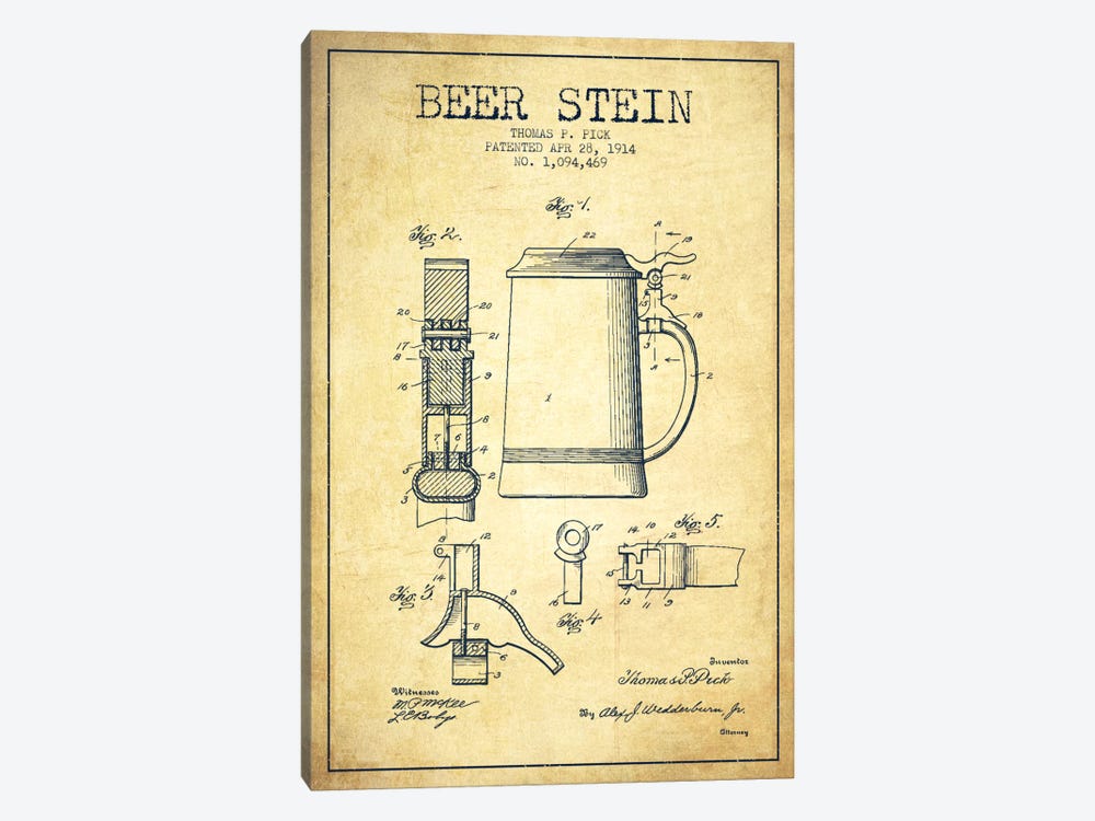 Beer Stein Vintage Patent Blueprint by Aged Pixel 1-piece Canvas Art Print
