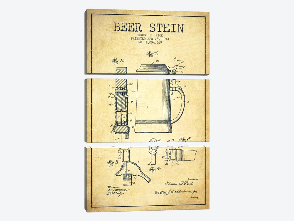 Beer Stein Vintage Patent Blueprint by Aged Pixel 3-piece Canvas Art Print