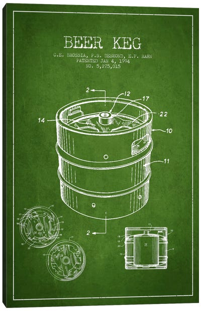 Keg Green Patent Blueprint Canvas Art Print - Beer Art