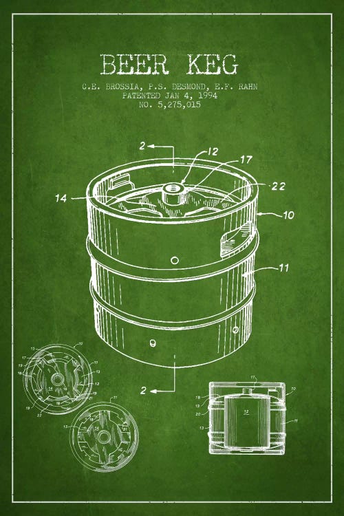 Keg Green Patent Blueprint by Aged Pixel wall art