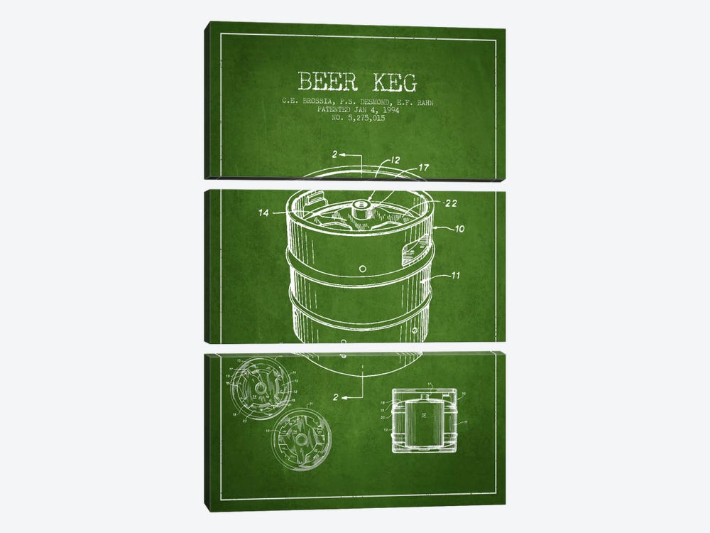 Keg Green Patent Blueprint by Aged Pixel 3-piece Canvas Print