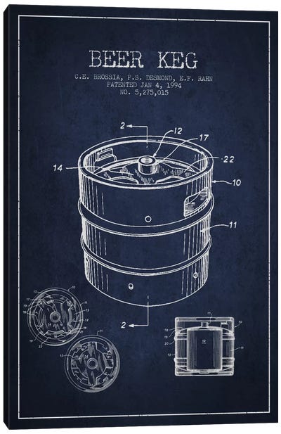 Keg Navy Blue Patent Blueprint Canvas Art Print - Beer Art